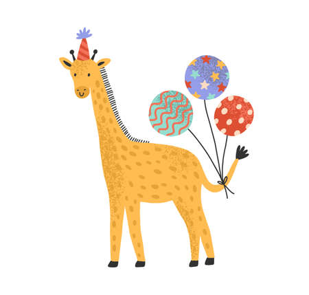 Cute giraffe in holiday cap hold bright festive balloons. Flat vector cartoon childish illustration for birthday party. Funny animal character isolated on white backgroundのイラスト素材