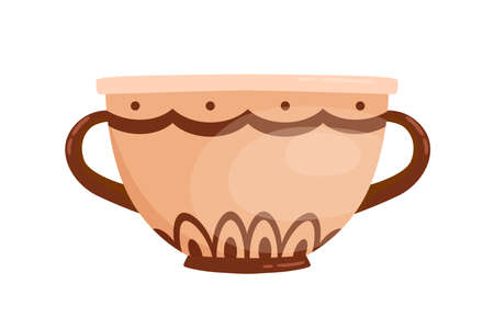 Ancient greek clay pot with handles vector flat illustration. Traditional antique pottery decorated by Hellenic ornaments isolated on white. Ceramic bowl archaeological artefact crockeryのイラスト素材