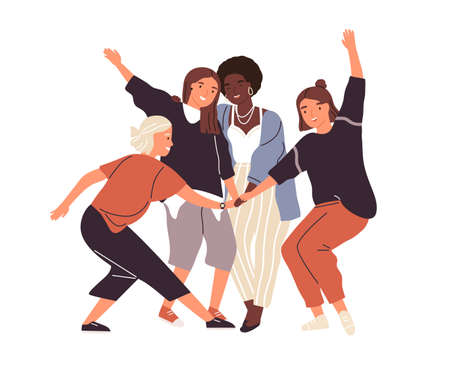 Happy diverse female friends putting hands together vector flat illustration. Group of smiling woman enjoying friendship, support and cooperation isolated. Funny people demonstrate gesture of unityのイラスト素材
