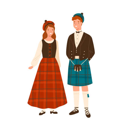 Couple in scotland national costumes vector flat illustration. Man in headdress and traditional kilt. Woman in tartan skirt or dress. People in colorful folk scottish outfit isolated on whiteのイラスト素材