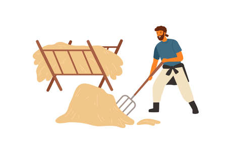 Happy farmer, peasant or rancher man working with pitchfork near manger full of hay. Agricultural worker making haystack, dried grass. Flat vector cartoon illustration isolated on white backgroundのイラスト素材