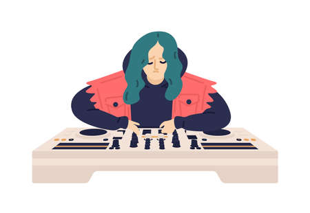 Hipster female DJ with green hair playing electronic music records vector flat illustration. Trendy woman use audio mixers or controller isolated. Disk jockey character at partyのイラスト素材