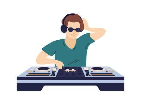 Stylish male DJ in headphones play electronic music on controller vector flat illustration. Fashionable musician in sunglasses enjoying sound at party isolated. Man disk jockey mixing musical recordsのイラスト素材