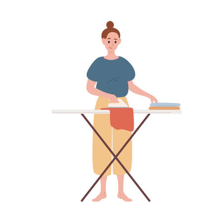 Happy modern housewife ironing clothes vector flat illustration. Smiling woman making routine housework use iron isolated on white. Female character during domestic activity with equipmentのイラスト素材