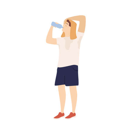 Sportsman drinking water from bottle feeling thirst after training vector flat illustration. Man with sweat covering head by towel during workout isolated. Male with refreshing beverage after sportsのイラスト素材