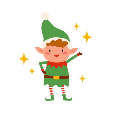 Cute happy christmas elf isolated on white background. Funny little santa helper wearing xmas hat...