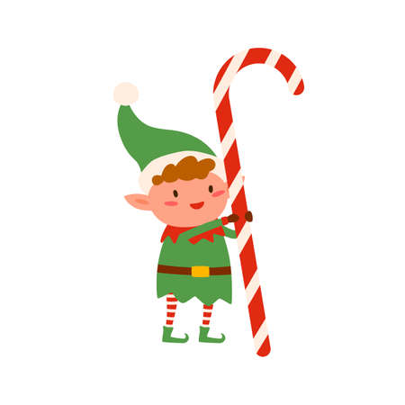Funny tiny elf in green costume holding huge Christmas candy cane vector flat illustration. Cute Santa helper holding colorful Xmas candy isolated. Smiling childish character with holiday sweetのイラスト素材