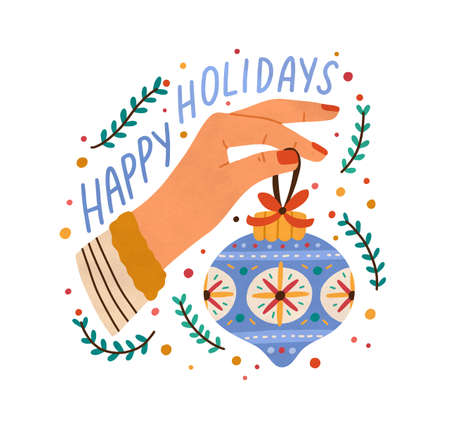 Xmas greeting card decorated with confetti, bauble and branches of mistletoe. Female hand decorating or holding christmas tree decoration. Vector flat cartoon illustration isolated on whiteのイラスト素材