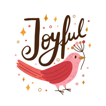 Pink beautiful bird holding branch. Festive card decorated with cute birdie and confetti. Vector flat cartoon illustration of christmas composition with holiday inscription isolated on whiteのイラスト素材