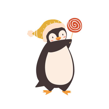 Baby penguin with lollipop vector flat illustration. Cheerful polar bird carrying candy on stick wearing warm knitted hat isolated on white. Cute arctic character holding sweet deliciousのイラスト素材