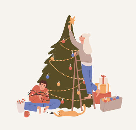 Happy couple decorating Christmas tree vector flat illustration. Woman putting on star to the top of spruce. Man wrapped in garland playing with cat isolated. Preparing for holiday celebrationのイラスト素材