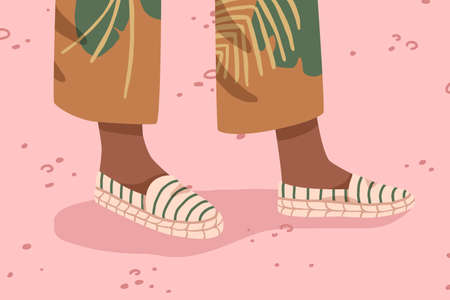 Woman espadrilles with canvas platform. Female feet in comfortable textile eco footwear. Modern fabric cotton shoes. Summer stylish footgear flat vector cartoon illustrationのイラスト素材