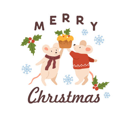 Greeting card with mouse and rat holding festive cupcake and Merry Christmas inscription vector flat illustration. Xmas holiday card with animal characters decorated by snowflakes and mistletoeのイラスト素材