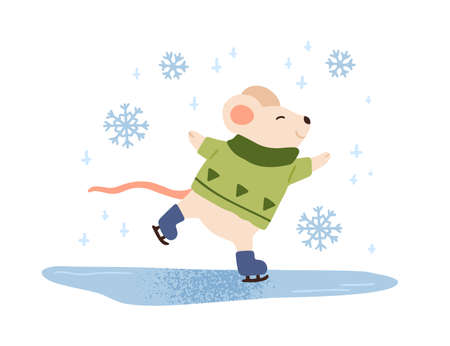 Funny mouse ice skating vector flat illustration. Cute baby animal in warm sweater enjoying skating on ice rink isolated on white. Happy character. Winter outdoor recreational activityのイラスト素材