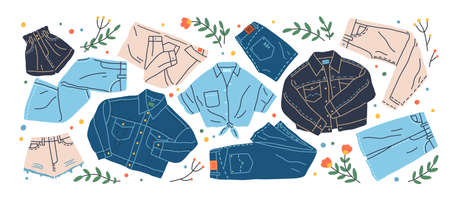 Set of different jeans clothes vector flat illustration. Collection of stylish denim shirt,...