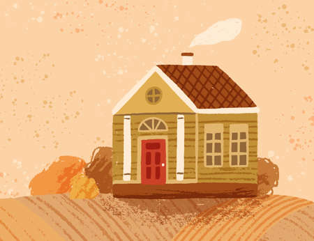 Hand drawn countryside autumn landscape with cute peasant house. Colorful wooden farmhouse. Rustic seasonal scenery with cozy cottage. Cute fall seasonal vector illustration in flat styleのイラスト素材