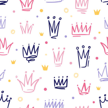 Seamless pattern with cute doodle queen or princess crowns in childish style. Hand drawn girly background with royal symbols. Vector cartoon illustration isolated on whiteのイラスト素材