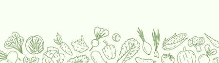 Horizontal background with with various vegetables and a place for text. Vegan backdrop with organic natural products. Line art vector monochrome illustrationのイラスト素材