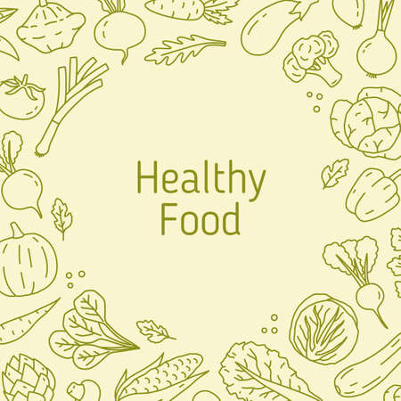 Monochrome line art background with different vegetables. Natural frame template with healthy organic products. Backdrop with eco food. Vector line art illustrationのイラスト素材