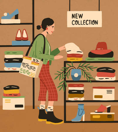 Trendy woman at mass market shop. Female character choosing clothes from new collection at boutique. Consumer shopping at fashion store. Flat vector cartoon illustration.のイラスト素材