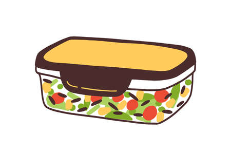 Packed hermetic eco friendly glass container. Reusable lunchbox with homemade food. Sustainable bento box with salad. Flat vector cartoon illustration isolated on white backgroundのイラスト素材