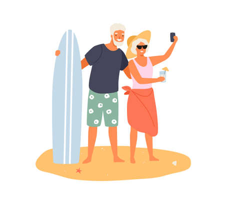 Elderly couple taking selfie on summer beach. Cheerful grandparents having summer vacation together. Husband with surfboard hug wife with cocktail. Flat vector cartoon illustration isolated on whiteのイラスト素材