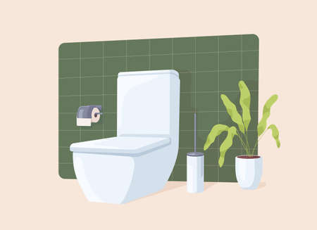 Restroom equipped with white ceramic toilet bowl, paper and brush. Clean modern WC with green plant isolated on beige background. Flat vector illustrationのイラスト素材