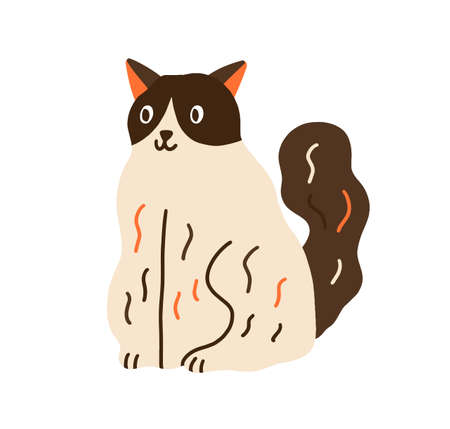Cute cat sitting. Funny curious kitty, Adorable childish kitten. Scandinavian domestic animal drawing for t shirt print. Flat vector cartoon illustration isolated on white backgroundのイラスト素材