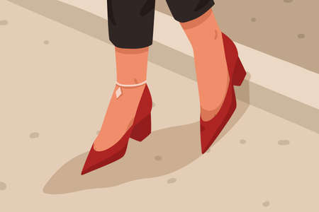 Woman red casual acute toe shoes with low square heel. Female feet with leg bracelet in stylish elegant summer footwear. Fashionable street style flat vector cartoon illustrationのイラスト素材