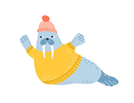 Childish funny walrus portrait in yellow knitted sweater and warm hat. Cute scandinavian marine animal cub wearing winter clothes. Flat vector cartoon illustration isolated on white backgroundのイラスト素材