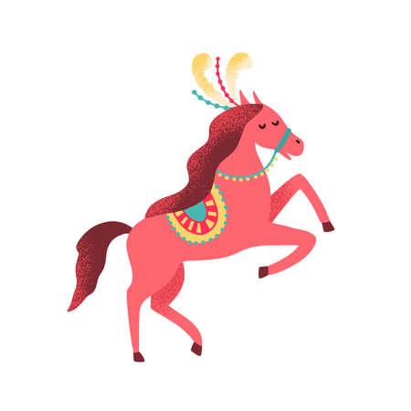 Cute circus horse decorated with feather and horsecloth. Childish shapito trained animal. Amusing cirque equine. Flat vector cartoon isolated illustration for t shirt printのイラスト素材
