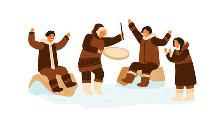 Eskimo people clapping hands, dance and play national ethnic tambourine. Inuit family having fun....