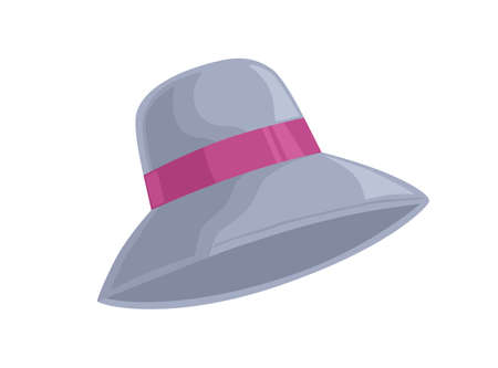 Women cloche hat with pink ribbon isolated on white background. Elegant fashionable headwear made of felt for elegant lady. Retro headdress design. Flat vector cartoon illustrationのイラスト素材