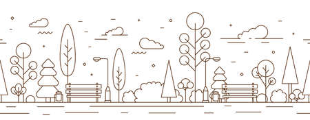Horizontal seamless pattern with empty city park landscape. Monochrome line art background with local outdoor recreation zone.のイラスト素材