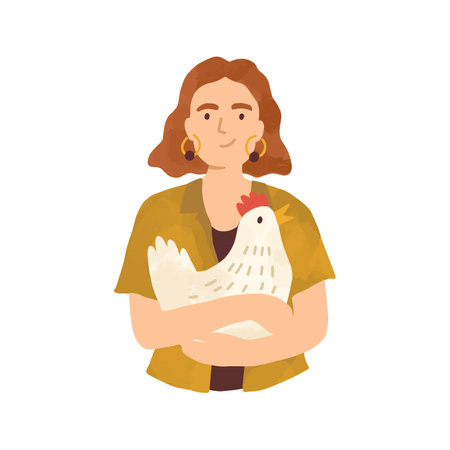 Portrait of young woman holding cute hen in her arms isolated on white background. Female character taking care of domestic farm animal. Vector illustration in flat cartoon styleのイラスト素材