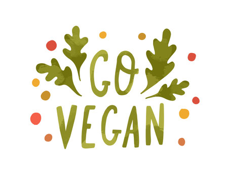 Colorful lettering composition with Go Vegan handwritten inscription decorated with arugula leaves. Motivational hand drawn phrase isolated on white background. Vector illustrationのイラスト素材