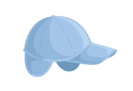 Warm male or female hat with ear flaps and visor. Fabric unisex blue baseball cap for winter or autumn. Flat vector cartoon illustration of classic headwear isolated on white backgroundのイラスト素材