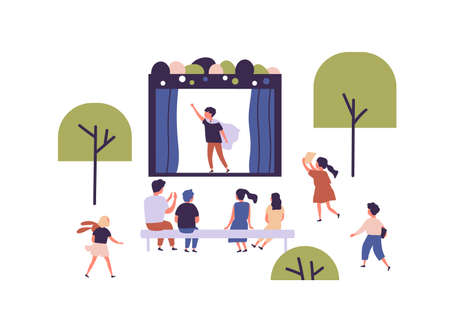 Children street amateur theater with actor performing play in front of audience. Outdoor theatrical performance at kids theatre. Childish open air event. Flat vector illustration on white backgroundのイラスト素材