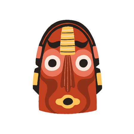 Funny ethnic indian tribal mask with round eyes and open mouth. Dreaded ancient ritual symbol or souvenir. Drawn flat vector illustration isolated on white background. Clip art element for designのイラスト素材