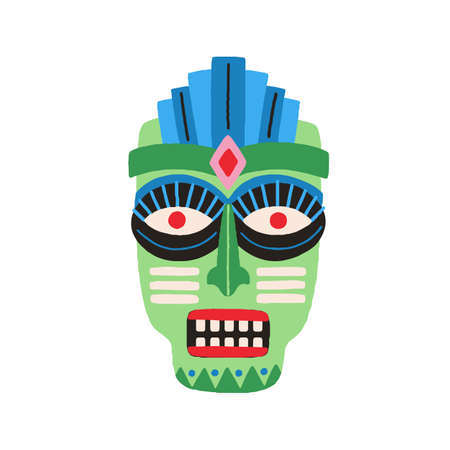 Funny ethnic zulu tribal mask showing teeth in anger. Dreaded ancient ritual symbol or souvenir. Drawn flat vector illustration isolated on white background. Bright clip art element for designのイラスト素材