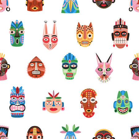 Seamless pattern of funny ethnic tribal masks isolated on white background. Ancient African bright colorful ritual symbols or souvenirs. Endless flat vector illustrationのイラスト素材