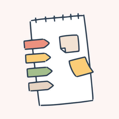 Notebook or planner page with stickers isolated on white background. Simple blank note paper for organizer with reminders. Office stationery, memo pad page. Vector illustration in flat styleのイラスト素材