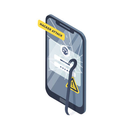 Concept of smartphone under hacker attack, phishing and personal data theft. Accident of cybercrime, account hacking or profile breakage. Device with crashed display. Vector isometric illustrationのイラスト素材