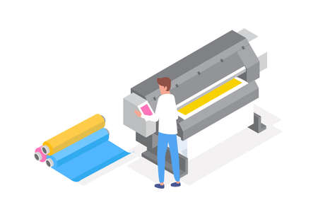 Professional polygraphy worker. Male character working with plotter. Printing house equipment for large format paper. Isometric illustration isolated on white backgroundのイラスト素材