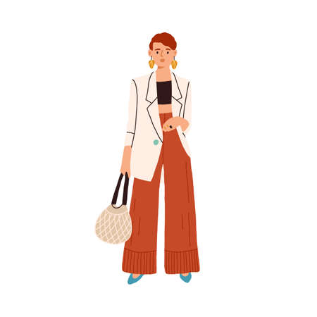 Fashion casual outfit. Modern woman wearing trendy clothes. Fashionable look of stylish female character in loose blazer and wide-leg pants isolated on white background. Flat vector illustrationのイラスト素材