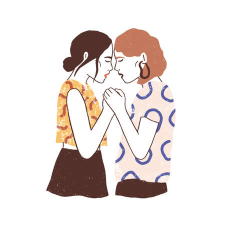 Female friends reunion concept. Women support each other holding their hands together. Forgiveness, friendship and love among two people. Flat vector illustration isolated on white backgroundのイラスト素材