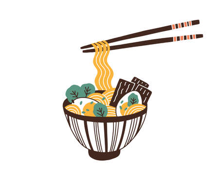 Bowl of traditional asian noodle soup. Ramen with eggs and greens. Noodles hanging on chopsticks. Oriental cuisine. Healthy Japanese fast food. Flat vector illustration isolated on white backgroundのイラスト素材