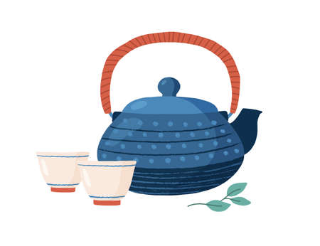 Cast iron colored teapot with cute cups and tealeaf. Tetsubin Kettle in dots. Kitchen crockery isolated on white background. Tea party concept. Hand drawn flat vector illustrationのイラスト素材