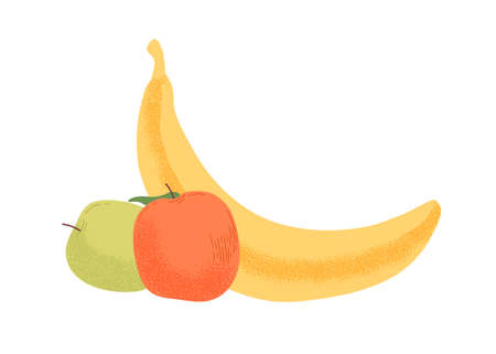Fresh juicy fruits in orange, green and yellow colors. Two apples and a banana isolated on white background. Hand drawn textured flat colorful vector illustrationのイラスト素材