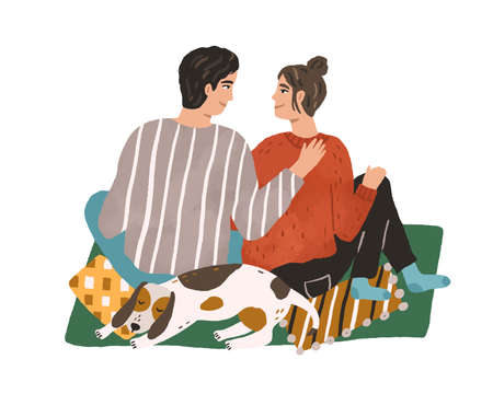 Young couple hugging and sitting on carpet. Happy man and woman spending winter leisure time together with pet at home. Hand drawn flat vector illustration isolated on white backgroundのイラスト素材